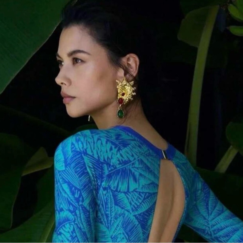 Schiaparelli Inspired Gold-Tone Pearl & Gem Statement Earrings with Green Drops - Picture 4 of 5